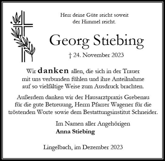 Traueranzeige von Georg Stiebing von Oberhessen Kurier