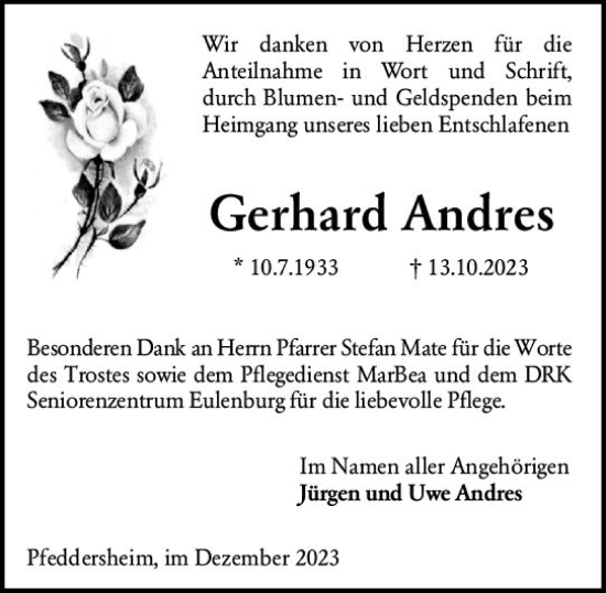 Traueranzeige von Gerhard Andres von Wormser Zeitung
