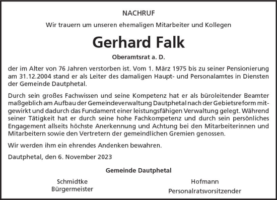 Traueranzeige von Gerhard Falk von Hinterländer Anzeiger