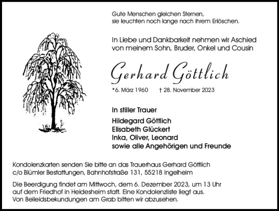 Traueranzeige von Gerhard Göttlich von Allgemeine Zeitung Mainz