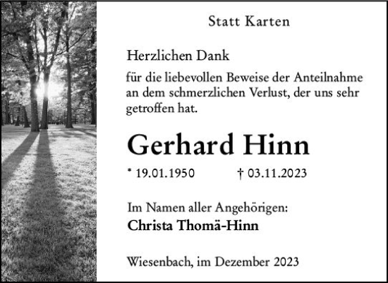 Traueranzeige von Gerhard Hinn von Hinterländer Anzeiger