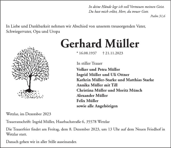 Traueranzeige von Gerhard Müller von Wetzlarer Neue Zeitung