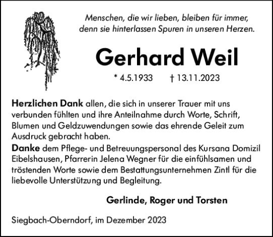 Traueranzeige von Gerhard Weil von Dill Block
