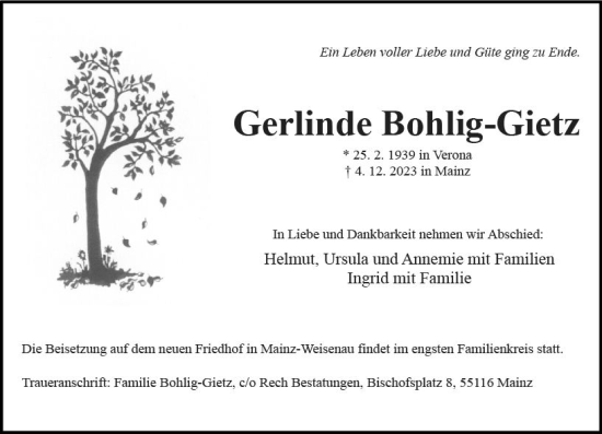 Traueranzeige von Gerlinde Bohlig-Gietz von Allgemeine Zeitung Mainz