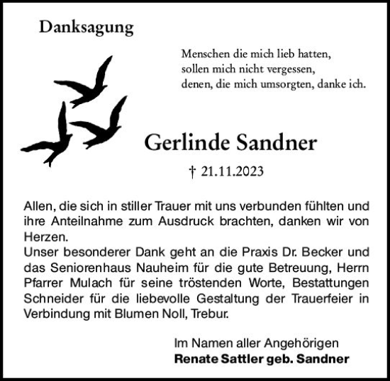 Traueranzeige von Gerlinde Sandner von Rüsselsheimer Echo