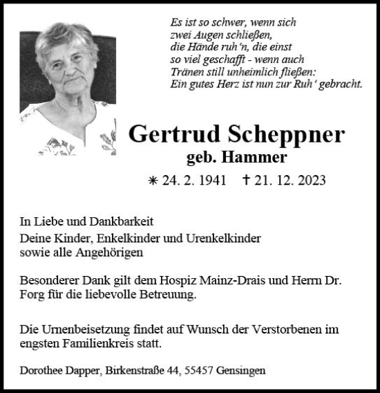 Traueranzeige von Gertrud Scheppner von Allgemeine Zeitung Mainz