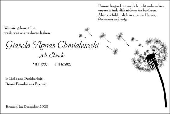 Traueranzeige von Giesela Agnes Chmielewski von Allgemeine Zeitung Bingen/Ingelheim