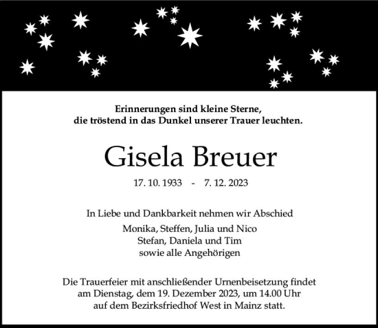 Traueranzeige von Gisela Breuer von Allgemeine Zeitung Mainz
