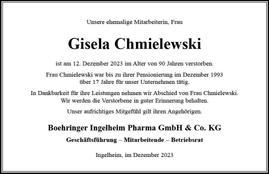 Traueranzeige von Gisela Chmielewski von Allgemeine Zeitung Bingen/Ingelheim