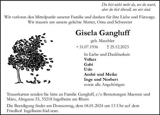 Traueranzeige von Gisela Gangluff von Allgemeine Zeitung Bingen/Ingelheim