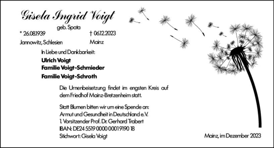 Traueranzeige von Gisela Voigt von Allgemeine Zeitung Mainz