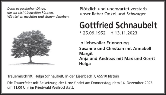 Traueranzeige von Gottfried Schnaubelt von Idsteiner Land/Untertaunus
