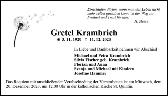 Traueranzeige von Gretel Krambrich von Allgemeine Zeitung Mainz