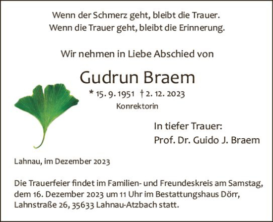Traueranzeige von Gudrun Braem von Wetzlarer Neue Zeitung