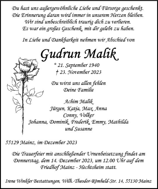 Traueranzeige von Gudrun Malik von Allgemeine Zeitung Mainz