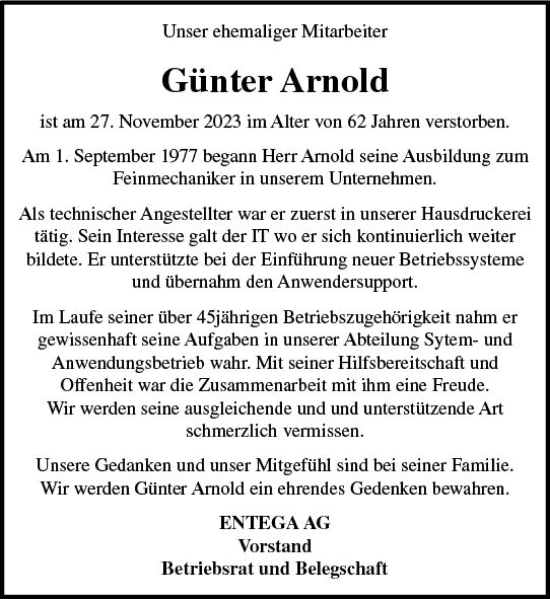 Traueranzeige von Günter Arnold von Odenwälder Echo
