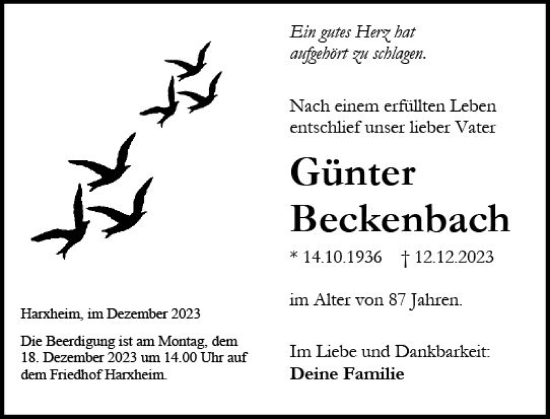 Traueranzeige von Günter Beckenbach von Allgemeine Zeitung Mainz