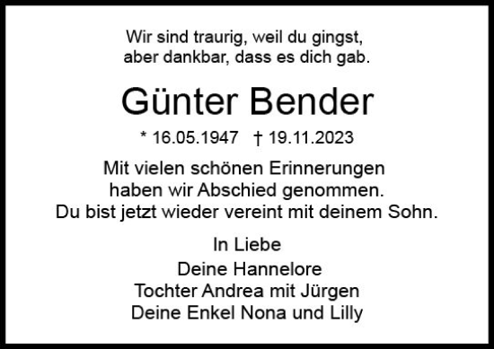 Traueranzeige von Günter Bender von Dieburger Anzeiger/Groß-Zimmerner Lokal-Anzeiger