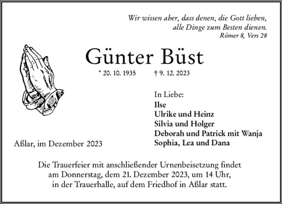 Traueranzeige von Günter Büst von Wetzlarer Neue Zeitung