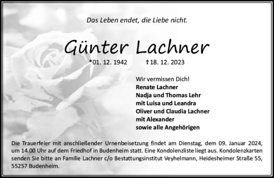 Traueranzeige von Günter Lachner von Allgemeine Zeitung Mainz