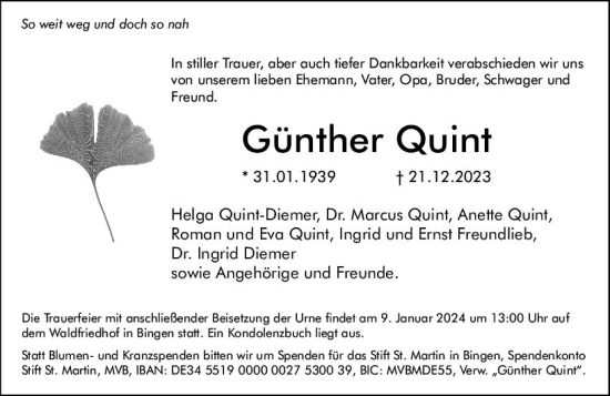 Traueranzeige von Günther Quint von Allgemeine Zeitung Bingen/Ingelheim