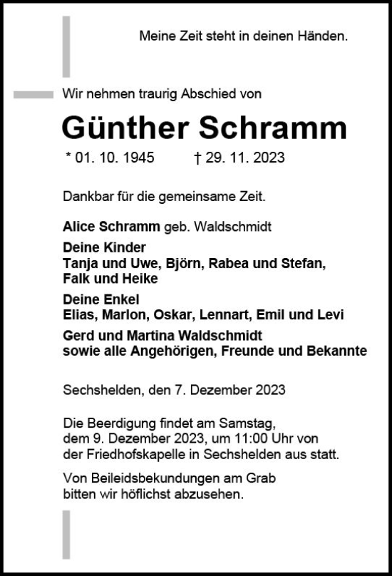 Traueranzeige von Günther Schramm von Dill Block