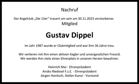 Traueranzeige von Gustav Dippel von VRM Trauer