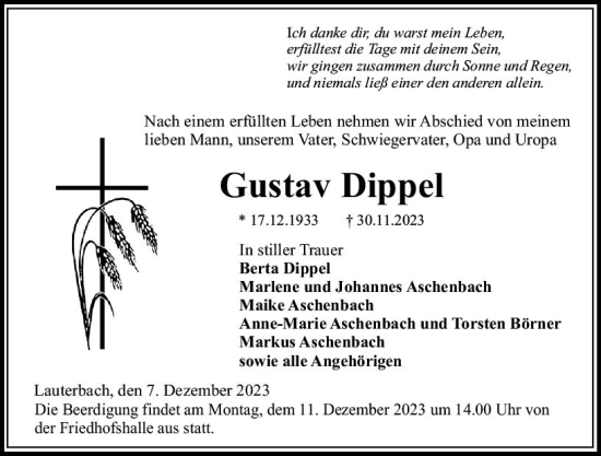 Traueranzeige von Gustav Dippel von VRM Trauer