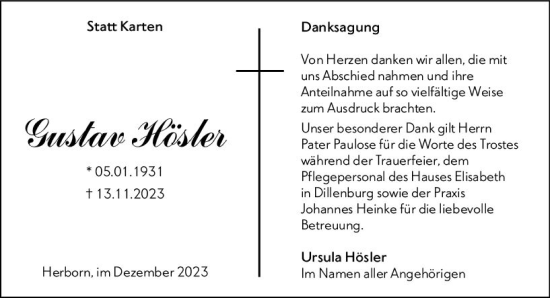 Traueranzeige von Gustav Hösler von Dill Block
