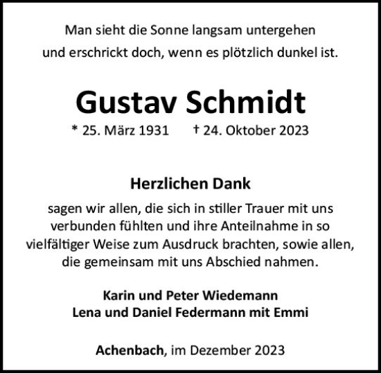 Traueranzeige von Gustav Schmidt von Hinterländer Anzeiger
