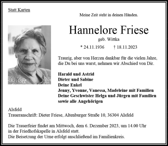Traueranzeige von Hannelore Friese von VRM Trauer