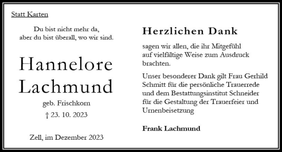 Traueranzeige von Hannelore Lachmund von Oberhessen Kurier