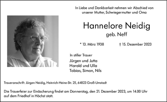 Traueranzeige von Hannelore Neidig von Odenwälder Echo