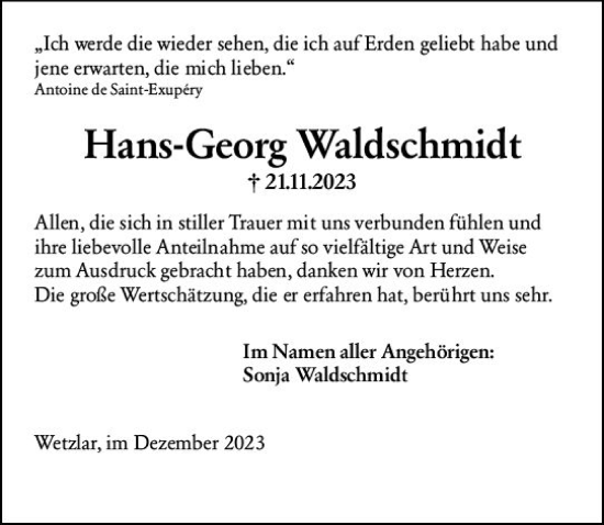 Traueranzeige von Hans-Georg Waldschmidt von Wetzlarer Neue Zeitung