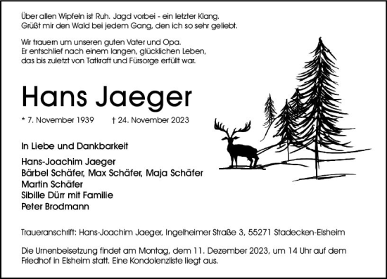 Traueranzeige von Hans Jaeger von Allgemeine Zeitung Mainz