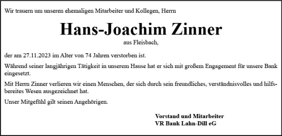 Traueranzeige von Hans-Joachim Zinner von Dill Block