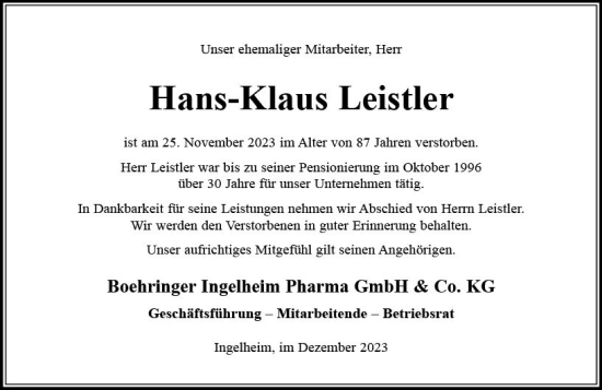 Traueranzeige von Hans-Klaus Leistler von Allgemeine Zeitung Bingen/Ingelheim