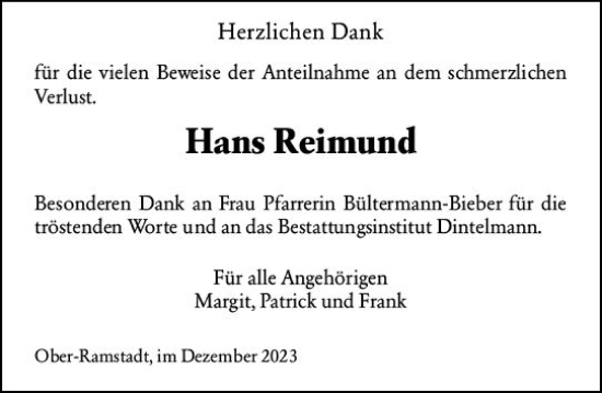 Traueranzeige von Hans Reimund von Darmstädter Echo