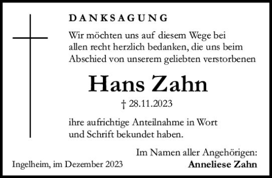 Traueranzeige von Hans Zahn von Allgemeine Zeitung Bingen/Ingelheim