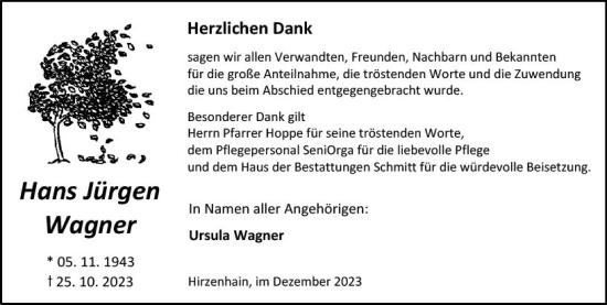 Traueranzeige von Hans Jürgen Wagner von Dill Block