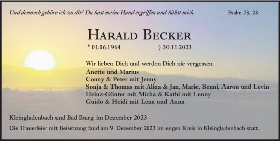 Traueranzeige von Harald Becker von Hinterländer Anzeiger