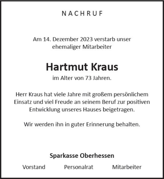 Traueranzeige von Hartmut Kraus von VRM Trauer