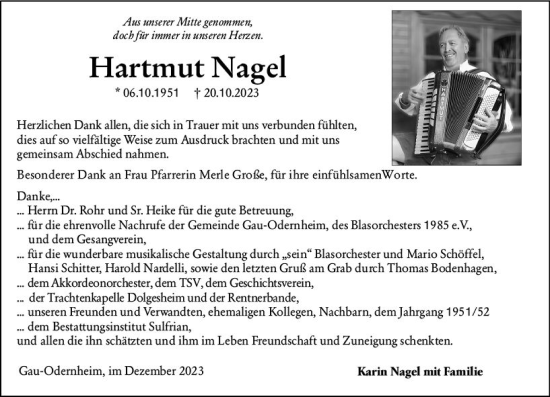 Traueranzeige von Hartmut Nagel von Allgemeine Zeitung Alzey