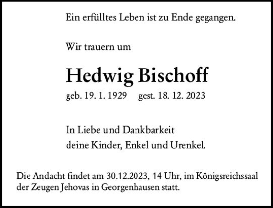 Traueranzeige von Hedwig Bischoff von Darmstädter Echo