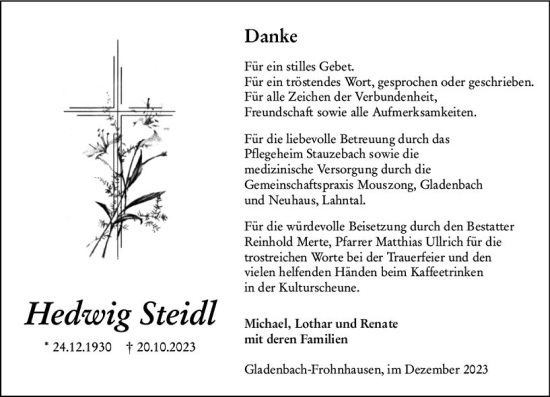 Traueranzeige von Hedwig  Steidl von Hinterländer Anzeiger