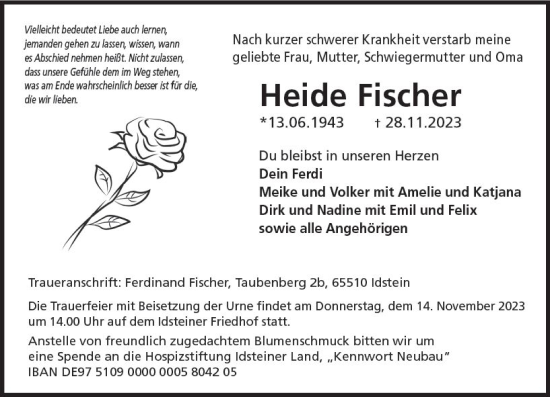 Traueranzeige von Heide Fischer von Idsteiner Land/Untertaunus