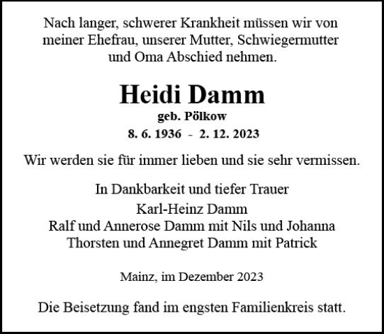 Traueranzeige von Heidi Damm von Allgemeine Zeitung Mainz