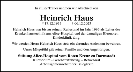 Traueranzeige von Heinrich Haus von Darmstädter Echo