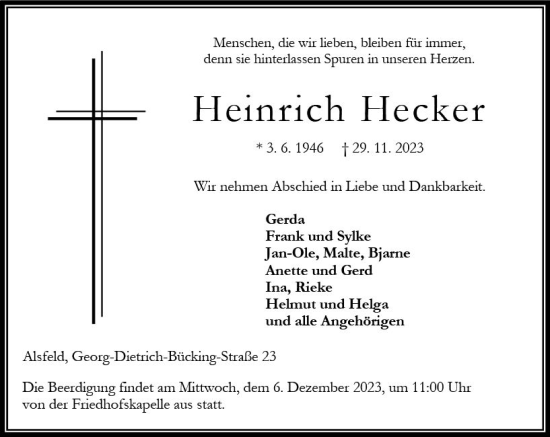 Traueranzeige von Heinrich Hecker von VRM Trauer
