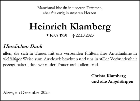 Traueranzeige von Heinrich Klamberg von Allgemeine Zeitung Alzey